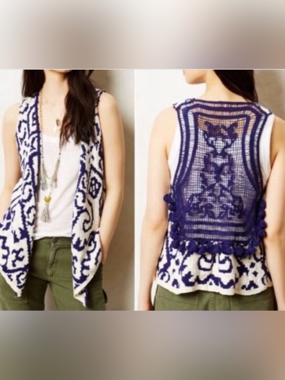 Anthropologie Moth Turson Netted Crochet Sweater Vest Blue Ivory NWT XS/S